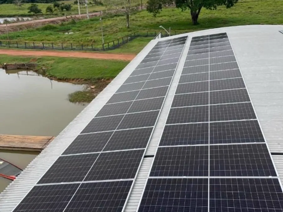 Usina solar em solo instalada em área rural, com lago ao fundo.